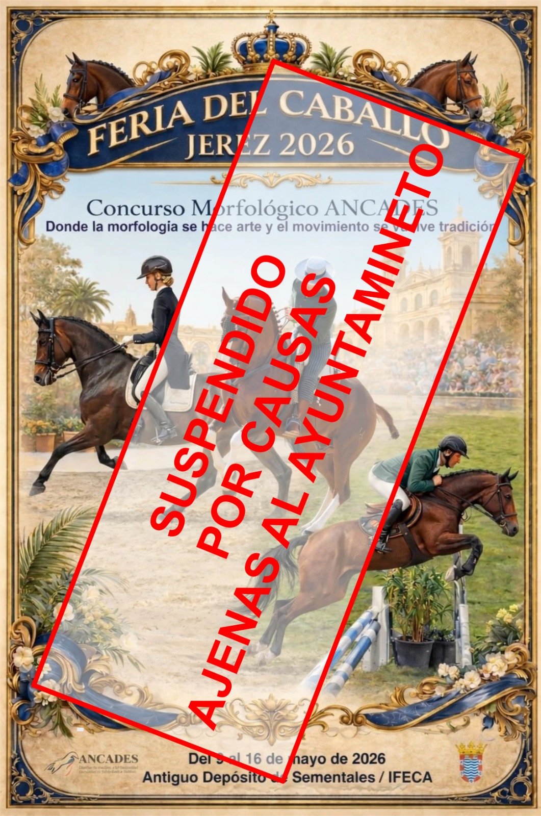 Cartel oficial suspensión Concurso Morfológico ANCADES — Feria Ecuestre de Jerez 2026