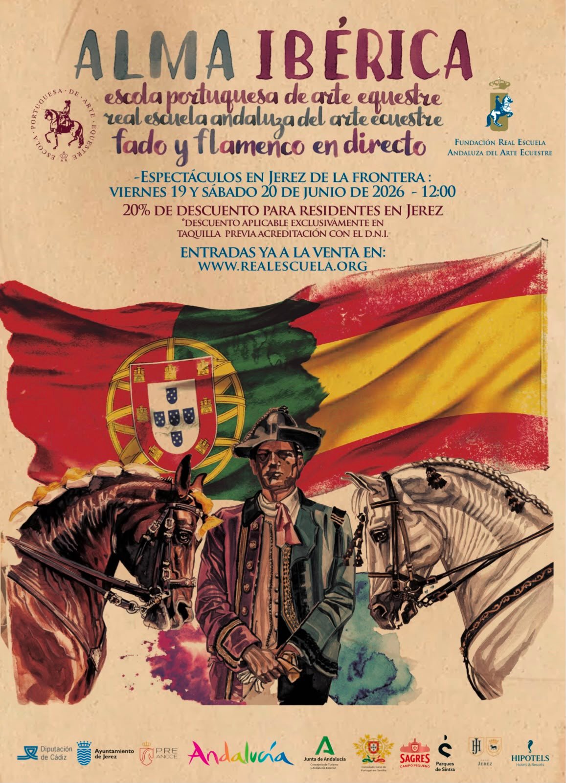 Cartel del espectáculo Alma Ibérica — Real Escuela Andaluza del Arte Ecuestre y Escola Portuguesa de Arte Equestre